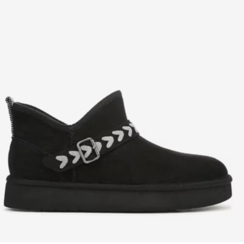 BRAND NEW Women's Black Suede-Look Ankle Bootie with Heart-Accent Strap